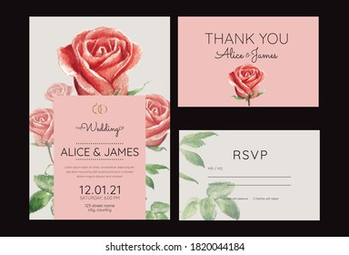 Wedding Invitation card templates with beautiful watercolor red rose flower