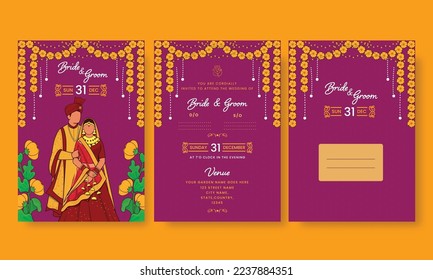 Wedding Invitation Card Templates With Faceless Indian Couple In Traditional Attire And Envelope Illustration.