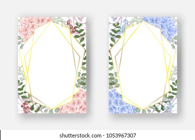 Wedding invitation card templates, geometric design. Romantic watercolor Hydrangea flowers with eucalyptus leaves,berries branch, greenery and grass in golden frame. Boho vector in rustic style.
