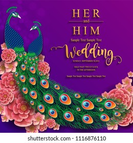 Wedding Invitation card templates with gold Peacock feathers patterned and crystals on paper color Background.