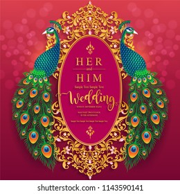 Wedding Invitation card templates with gold Peacock feathers patterned and crystals on paper color Background. Wedding Invitation card templates with gold Peacock feathers patterned and crystals on paper color Background.