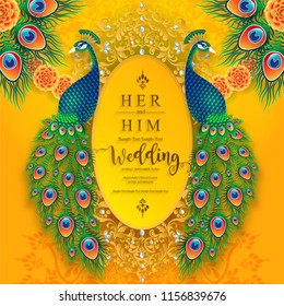 Wedding Invitation card templates with gold Peacock feathers patterned and crystals on paper color Background.