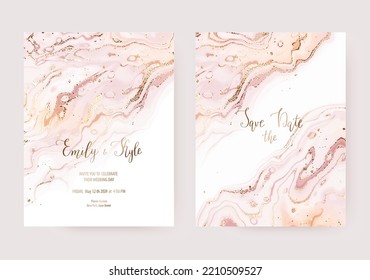 Wedding invitation card templates with gold confetti and marble texture.