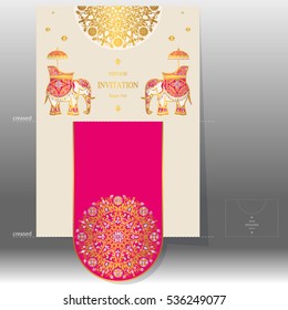 Wedding Invitation card templates with gold Elephant patterned and crystals on paper color Landscape size.