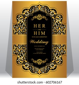 Wedding Invitation card templates with gold patterned and crystals on paper color Portrait size.