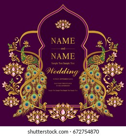 Wedding Invitation card templates with gold peacock with lotus patterned and crystals color on paper.