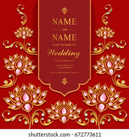 Wedding Invitation card templates with gold  lotus patterned and crystals color on paper.