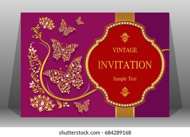 Wedding Invitation card templates with gold butterfly patterned and crystals on paper color.