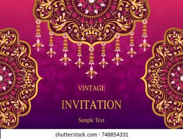 Vorlagen für Hochzeitseinladungen mit goldenem Muster und Kristallen auf Hintergrundfarbe.
