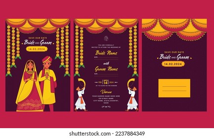 Wedding Invitation Card Templates With Indian Couple Greeting Namaste And Envelope Illustration In Purple Color.