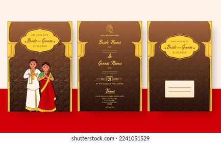 Wedding Invitation Card Templates With Indian Couple Greeting Namaste, Envelope Illustration In Brown And Yellow Color.