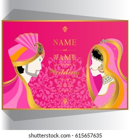 wedding Invitation card templates with Indian man and woman in traditional clothes on paper color.