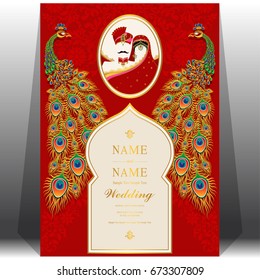 wedding Invitation card templates with Indian man and women traditional costumes and crystals on paper color.
