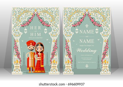 wedding Invitation card templates with Indian man and women traditional costumes wedding on paper color background.