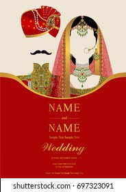 wedding Invitation card templates with Indian man and women traditional costumes wedding on paper color background.