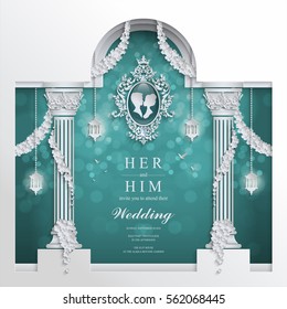 wedding Invitation card templates with Paper cut and craft style. on paper color.