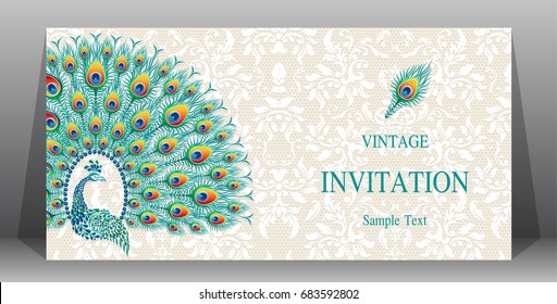 Wedding Invitation card templates with peacock patterned and crystals on on lace floral pattern background.