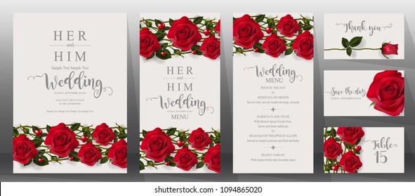 
Wedding Invitation card templates with realistic of beautiful red rose and flower on background color. 
