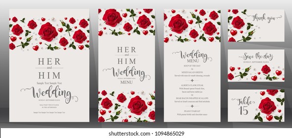 
Wedding Invitation card templates with realistic of beautiful red rose and flower on background color. 
