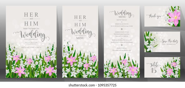 Wedding Invitation card templates with realistic of beautiful flower on background color.
