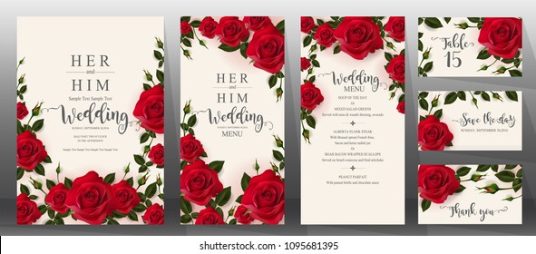 Wedding Invitation card templates with realistic of beautiful red rose and flower on background color. 