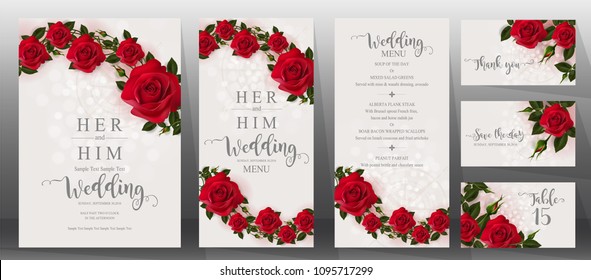 Wedding Invitation card templates with realistic of beautiful red rose and flower on background color.