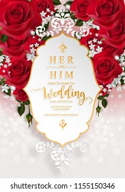 Wedding Invitation card templates with realistic of beautiful red rose and flower on background color.