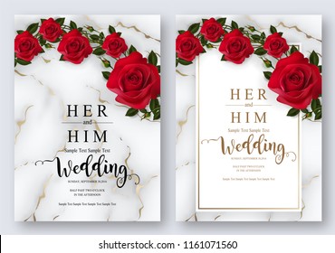 Wedding Invitation card templates with realistic of beautiful red rose and flower on white marble background .