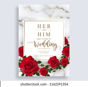 Wedding Invitation card templates with realistic of beautiful red rose and flower on white marble background .