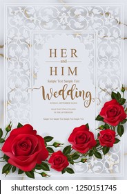 Wedding Invitation card templates with realistic of beautiful red rose and flower on white marble background .