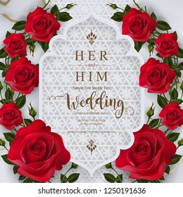 Wedding Invitation card templates with realistic of beautiful red rose and flower on white marble background .