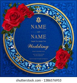 Wedding Invitation card templates with realistic of beautiful red rose and flower on white marble background . 