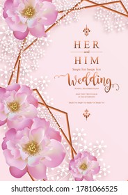 Wedding Invitation card templates with realistic of beautiful pink rose and flower on  background .