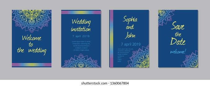 Wedding Invitation card templates set with gold patterned and crystals on background color.