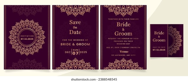 Wedding Invitation card templates set with gold patterned on background color.