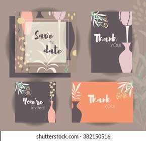 Wedding invitation card templates, wedding set with floral pattern, vector illustration