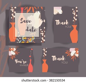 Wedding invitation card templates, wedding set with floral pattern, vector illustration
