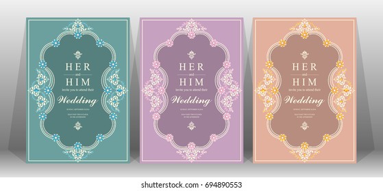 Wedding Invitation card templates set with pastel color patterned and crystals on paper background.
