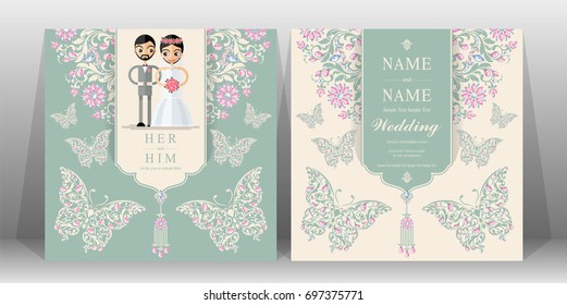 Wedding Invitation card templates set with pastel color patterned and crystals on paper background.