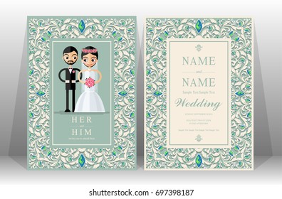 Wedding Invitation card templates set with pastel color patterned and crystals on paper background.