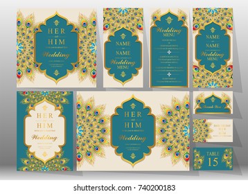 Wedding Invitation card templates set with gold patterned and crystals on background color. 