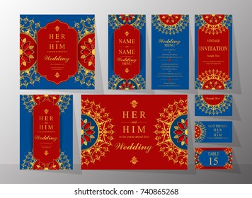 Wedding Invitation card templates set with gold patterned and crystals on background color.