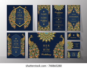 Wedding Invitation card templates set with gold patterned and crystals on background color. Wedding Invitation card templates set with gold patterned and crystals on background color.