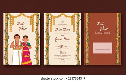 Wedding Invitation Card Templates With South Indian Couple In Traditional Attire And Envelope Illustration.