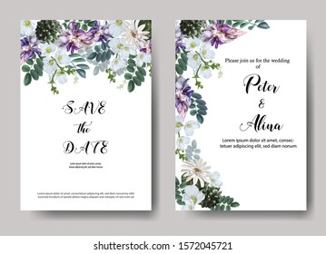 Wedding Invitation card templates with tropical flowers and leaves-vector illustration