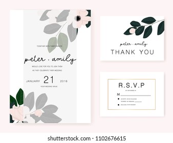 Wedding invitation card with text template decorate dark leaf and pink flower
