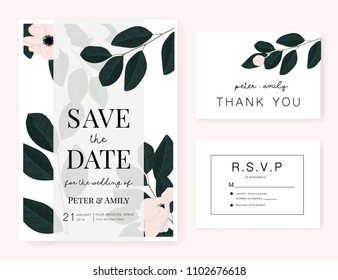 Wedding invitation card with text template decorate dark leaf and pink flower