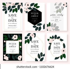 Wedding invitation card with text template decorate dark leaf and pink flower