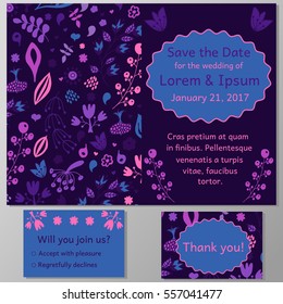 Wedding invitation card, thank you card, save the date card. Abstract  floral pattern. Text place in frame. vector greeting card with tiny flower