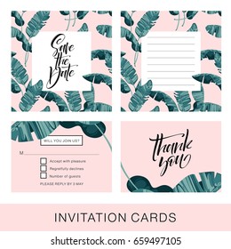 Wedding Invitation Card. Tropical Background. Banana. Save the Date. Vector Template. RSVP.